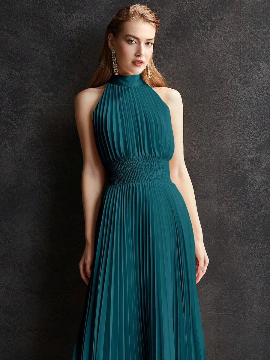 PREMIUM SOLID SHIRRED WAIST PLEATED LONG DRESS