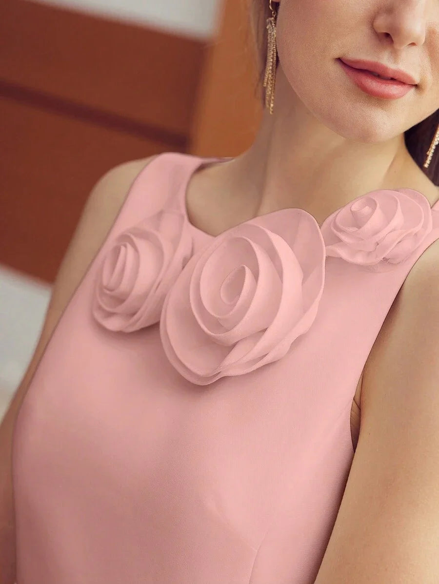 PREMIUM SOLID STEREO FLOWER DETAIL DRESS