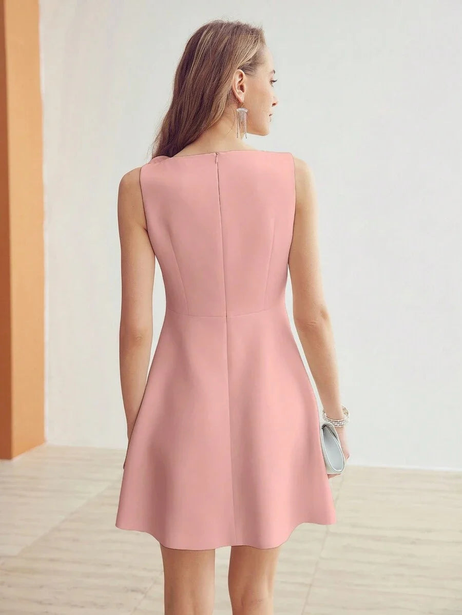 PREMIUM SOLID STEREO FLOWER DETAIL DRESS