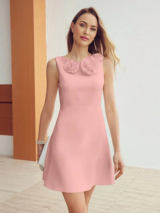 PREMIUM SOLID STEREO FLOWER DETAIL DRESS