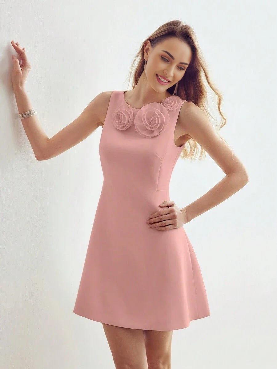 PREMIUM SOLID STEREO FLOWER DETAIL DRESS