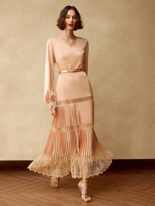 PREMIUM SOLID VNECK LANTERN SLEEVE LACE INSERT PLEATED HEM LONG DRESS WITHOUT BELT
