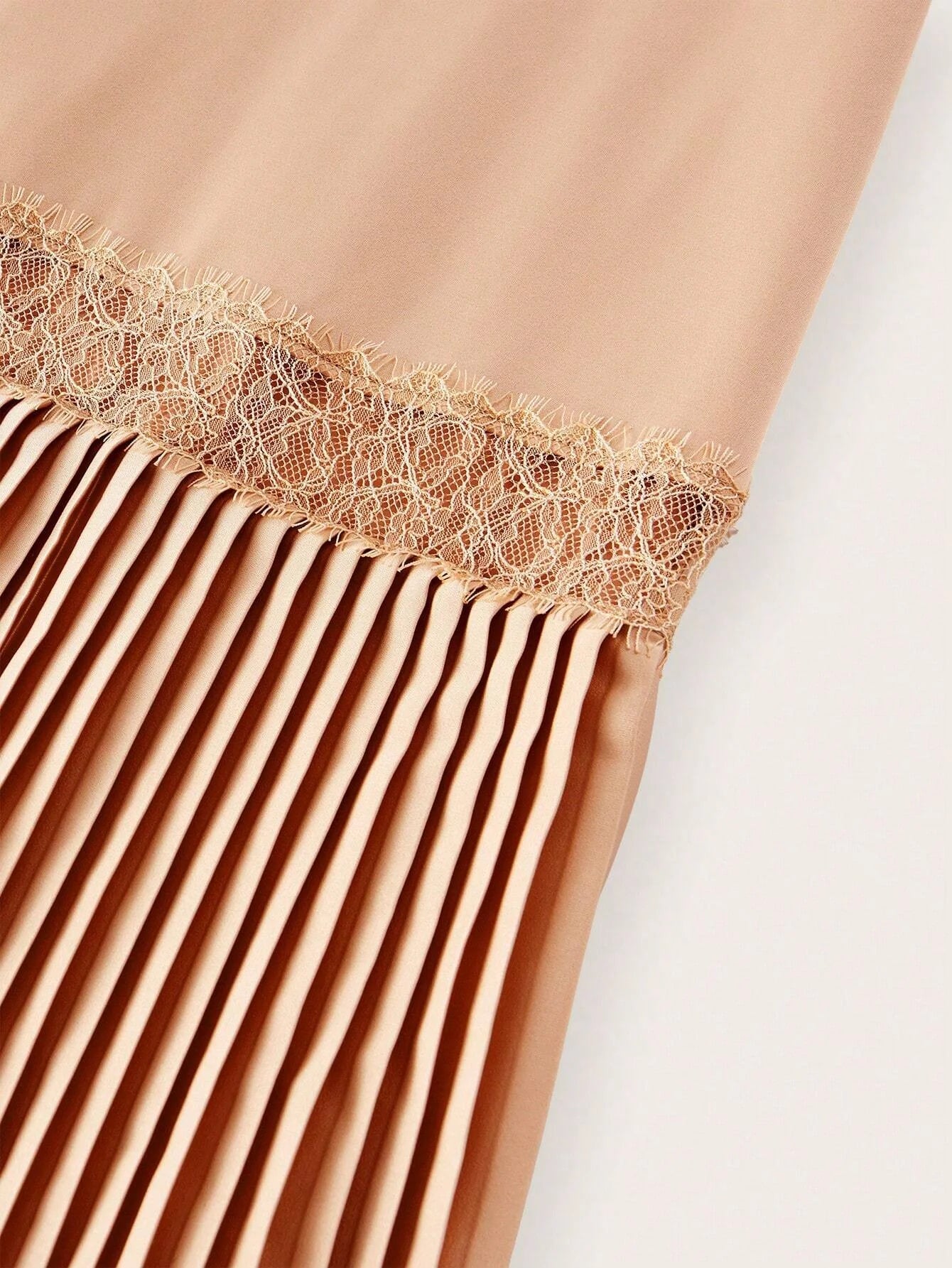 PREMIUM SOLID VNECK LANTERN SLEEVE LACE INSERT PLEATED HEM LONG DRESS WITHOUT BELT