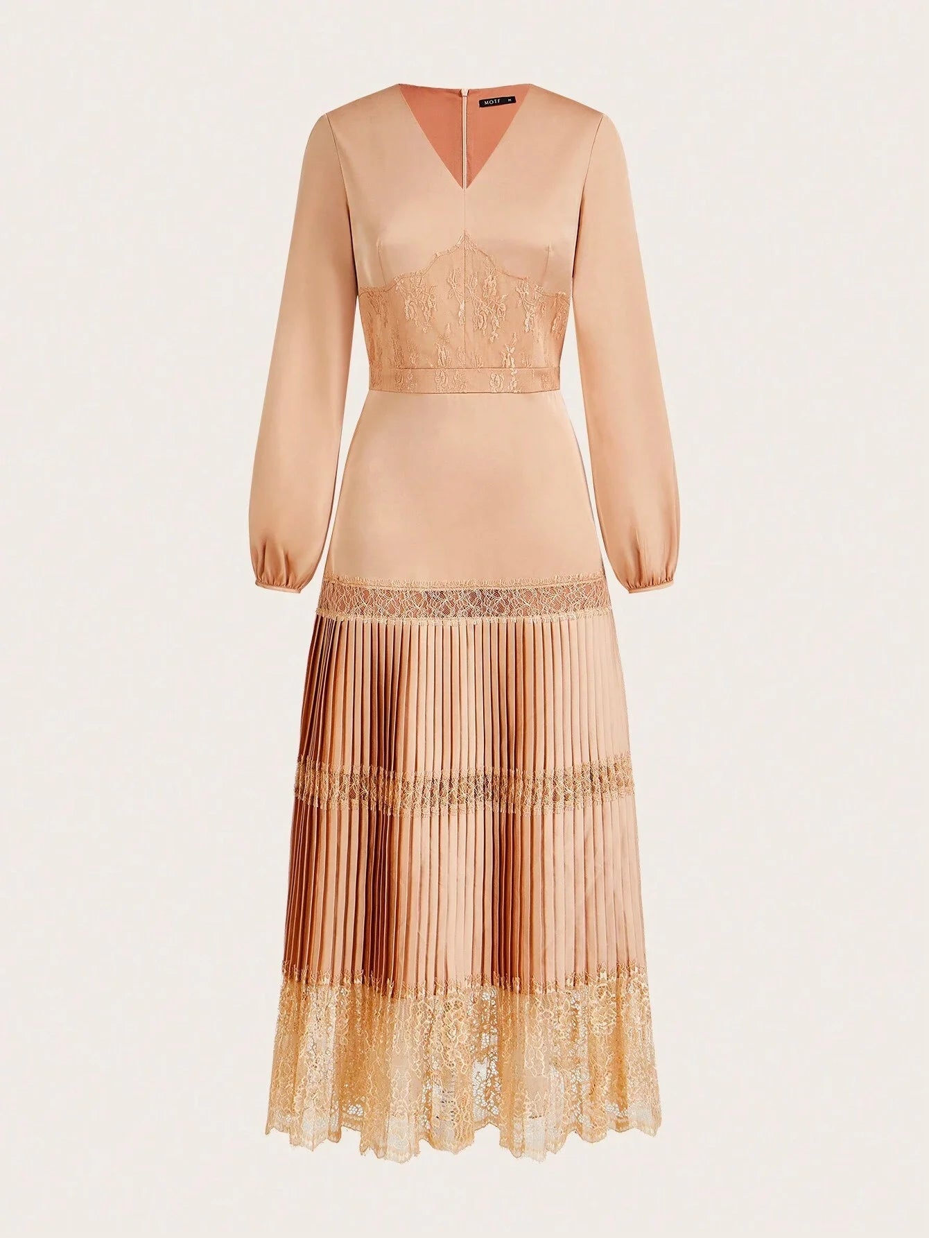 PREMIUM SOLID VNECK LANTERN SLEEVE LACE INSERT PLEATED HEM LONG DRESS WITHOUT BELT