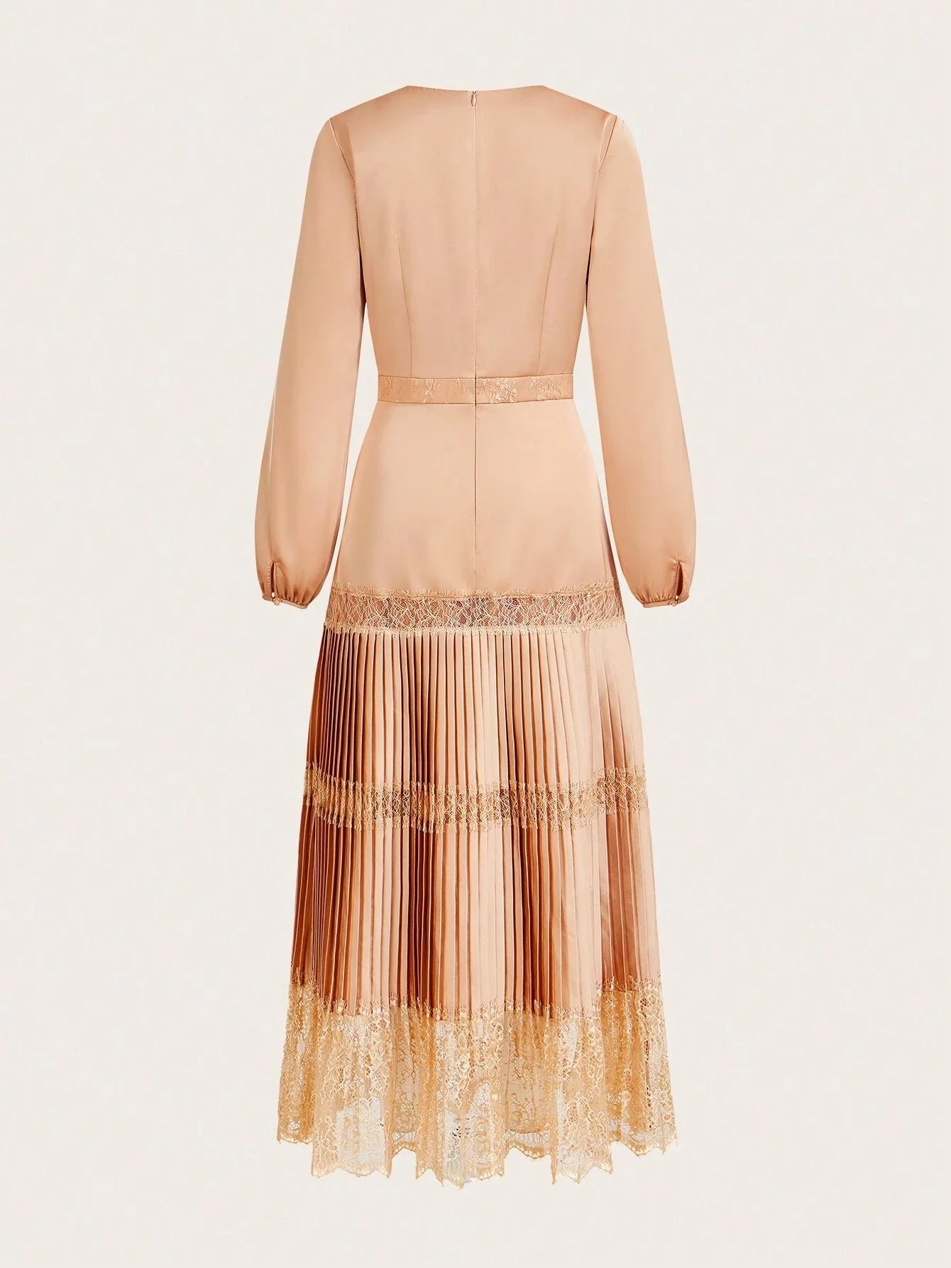 PREMIUM SOLID VNECK LANTERN SLEEVE LACE INSERT PLEATED HEM LONG DRESS WITHOUT BELT