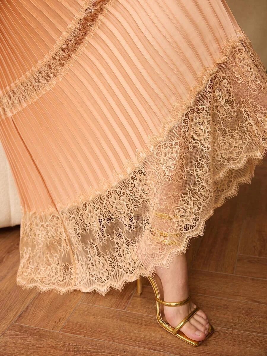 PREMIUM SOLID VNECK LANTERN SLEEVE LACE INSERT PLEATED HEM LONG DRESS WITHOUT BELT