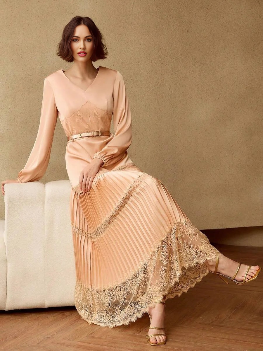 PREMIUM SOLID VNECK LANTERN SLEEVE LACE INSERT PLEATED HEM LONG DRESS WITHOUT BELT