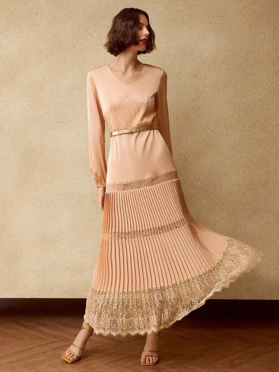 PREMIUM SOLID VNECK LANTERN SLEEVE LACE INSERT PLEATED HEM LONG DRESS WITHOUT BELT