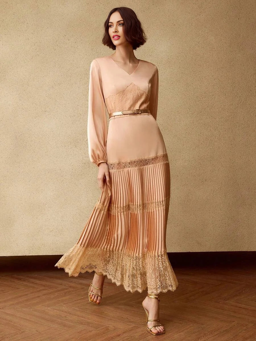 PREMIUM SOLID VNECK LANTERN SLEEVE LACE INSERT PLEATED HEM LONG DRESS WITHOUT BELT
