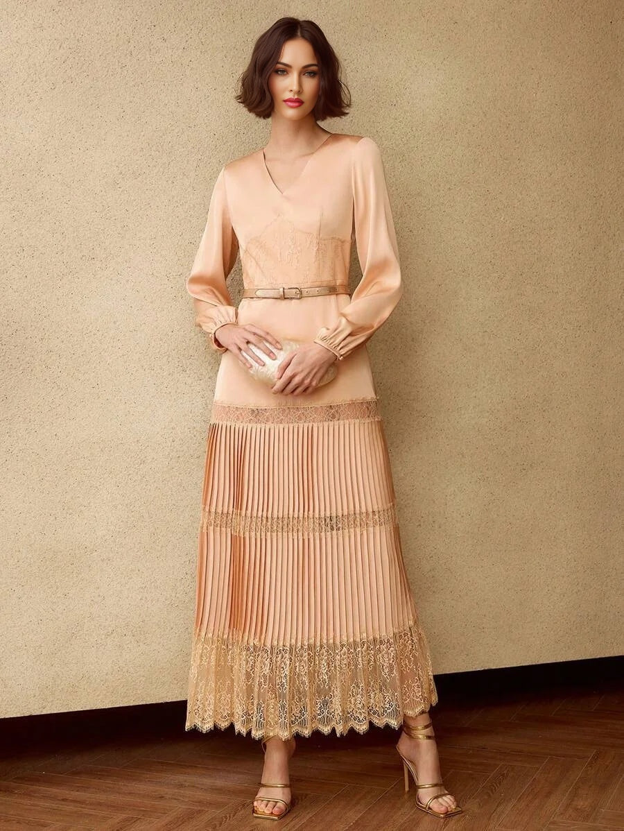 PREMIUM SOLID VNECK LANTERN SLEEVE LACE INSERT PLEATED HEM LONG DRESS WITHOUT BELT