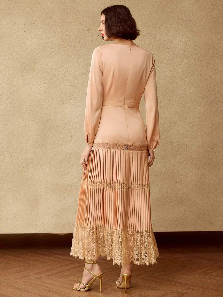 PREMIUM SOLID VNECK LANTERN SLEEVE LACE INSERT PLEATED HEM LONG DRESS WITHOUT BELT