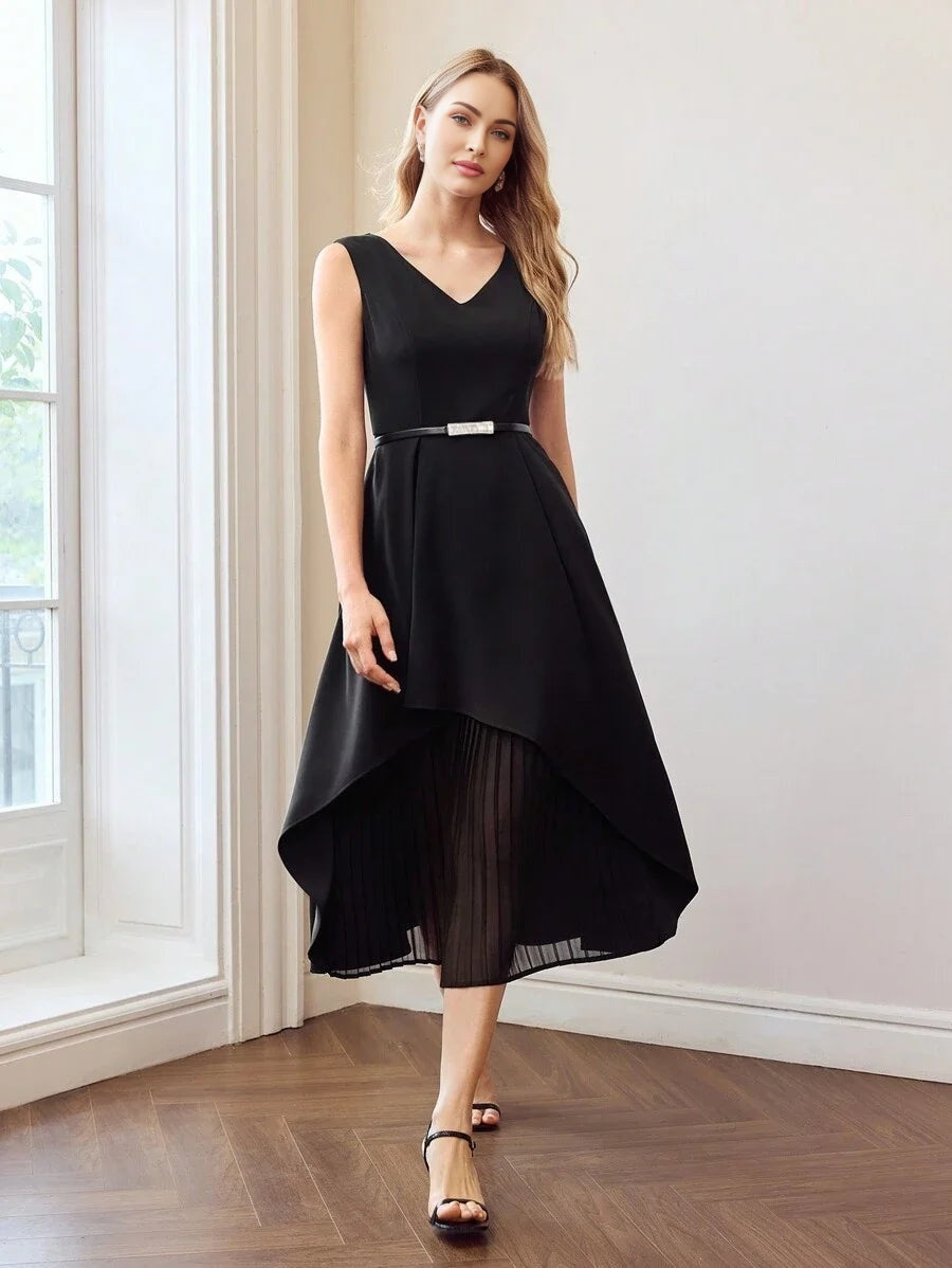 PREMIUM SOLID VNECK PLEATED PANEL HEM DRESS WITHOUT BELT