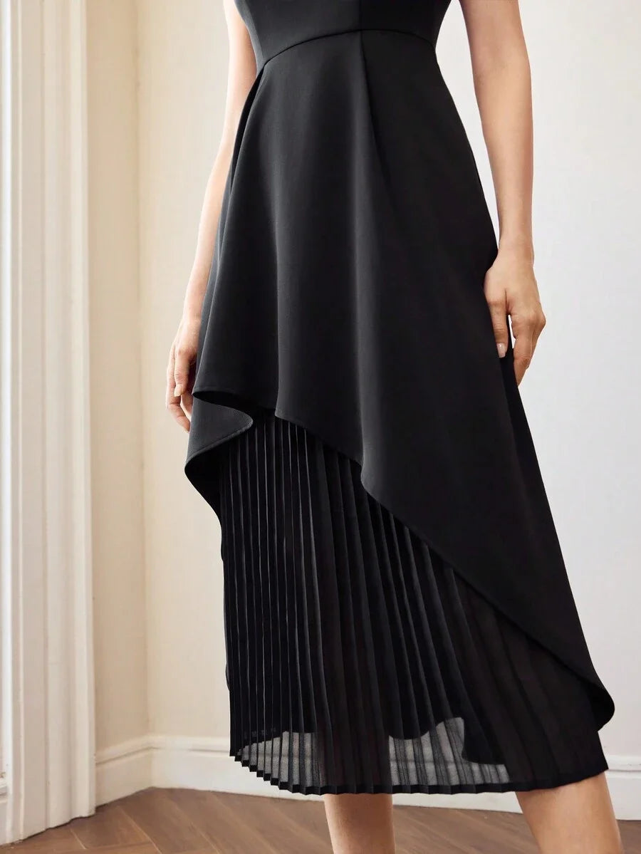 PREMIUM SOLID VNECK PLEATED PANEL HEM DRESS WITHOUT BELT