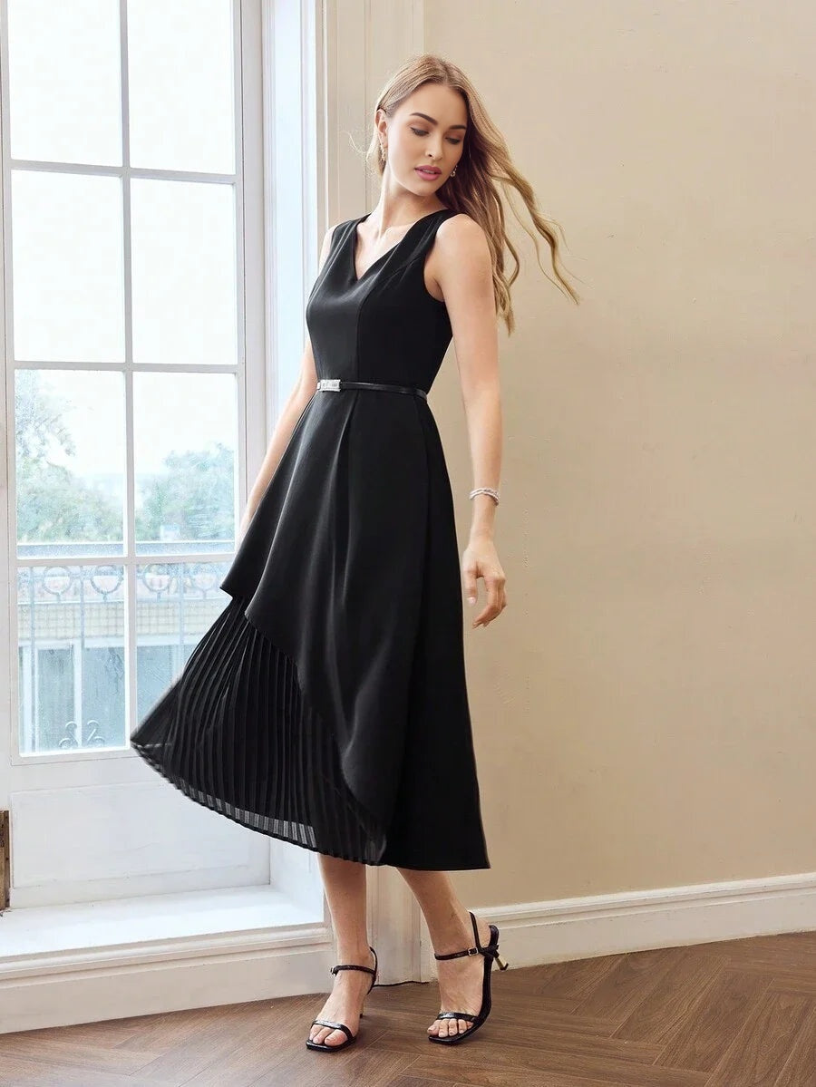 PREMIUM SOLID VNECK PLEATED PANEL HEM DRESS WITHOUT BELT