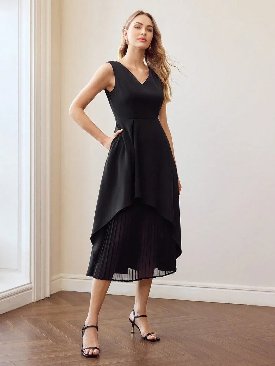 PREMIUM SOLID VNECK PLEATED PANEL HEM DRESS WITHOUT BELT
