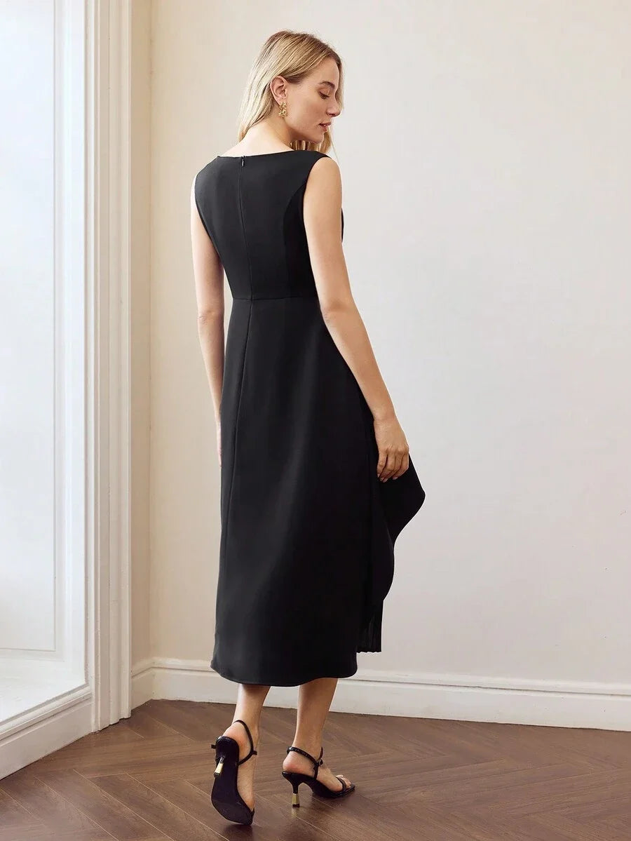 PREMIUM SOLID VNECK PLEATED PANEL HEM DRESS WITHOUT BELT