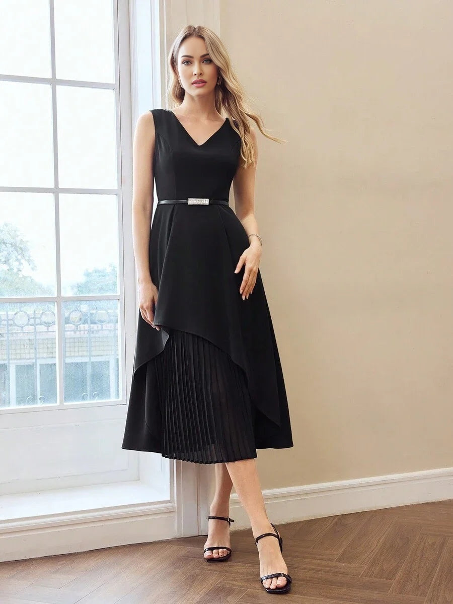 PREMIUM SOLID VNECK PLEATED PANEL HEM DRESS WITHOUT BELT