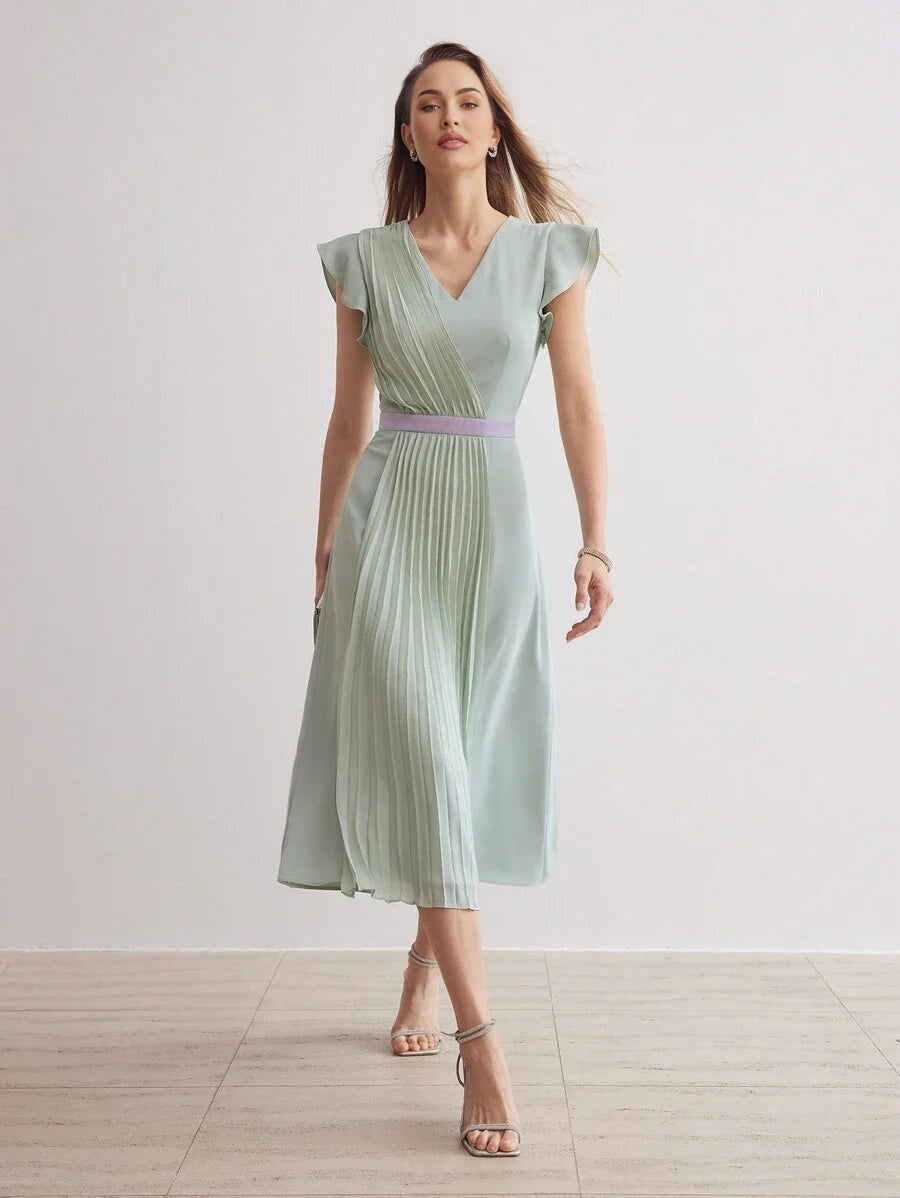 PREMIUM SOLID VNECK RUFFLE ARMHOLE FOLD PLEATED DRESSSUMMER OUTFITS