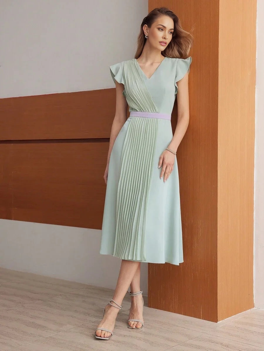 PREMIUM SOLID VNECK RUFFLE ARMHOLE FOLD PLEATED DRESSSUMMER OUTFITS