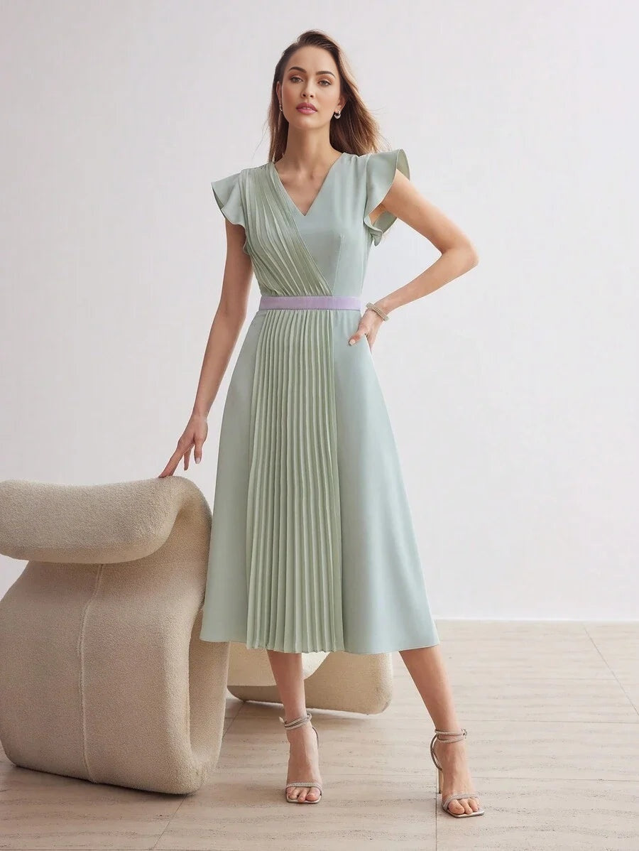 PREMIUM SOLID VNECK RUFFLE ARMHOLE FOLD PLEATED DRESSSUMMER OUTFITS