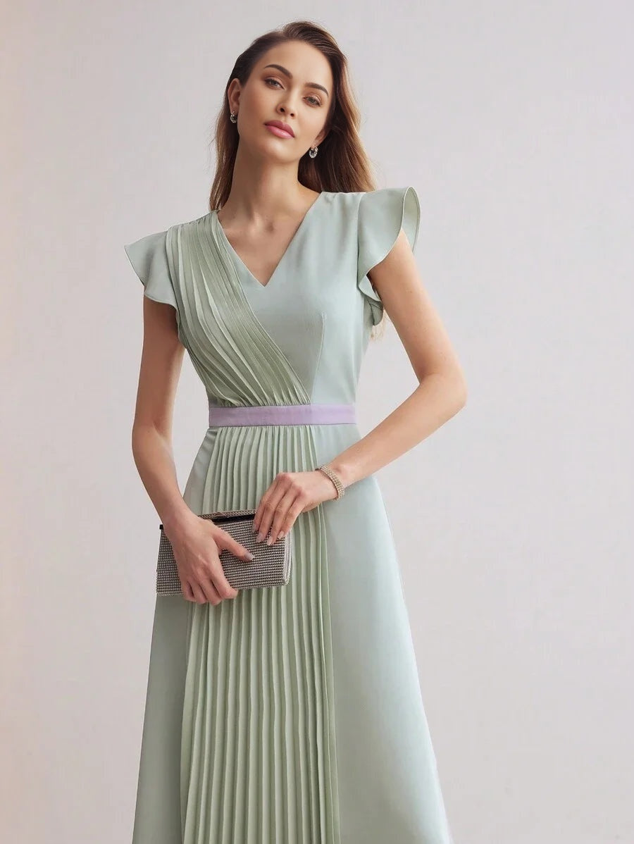 PREMIUM SOLID VNECK RUFFLE ARMHOLE FOLD PLEATED DRESSSUMMER OUTFITS