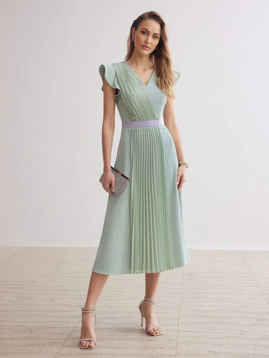 PREMIUM SOLID VNECK RUFFLE ARMHOLE FOLD PLEATED DRESSSUMMER OUTFITS