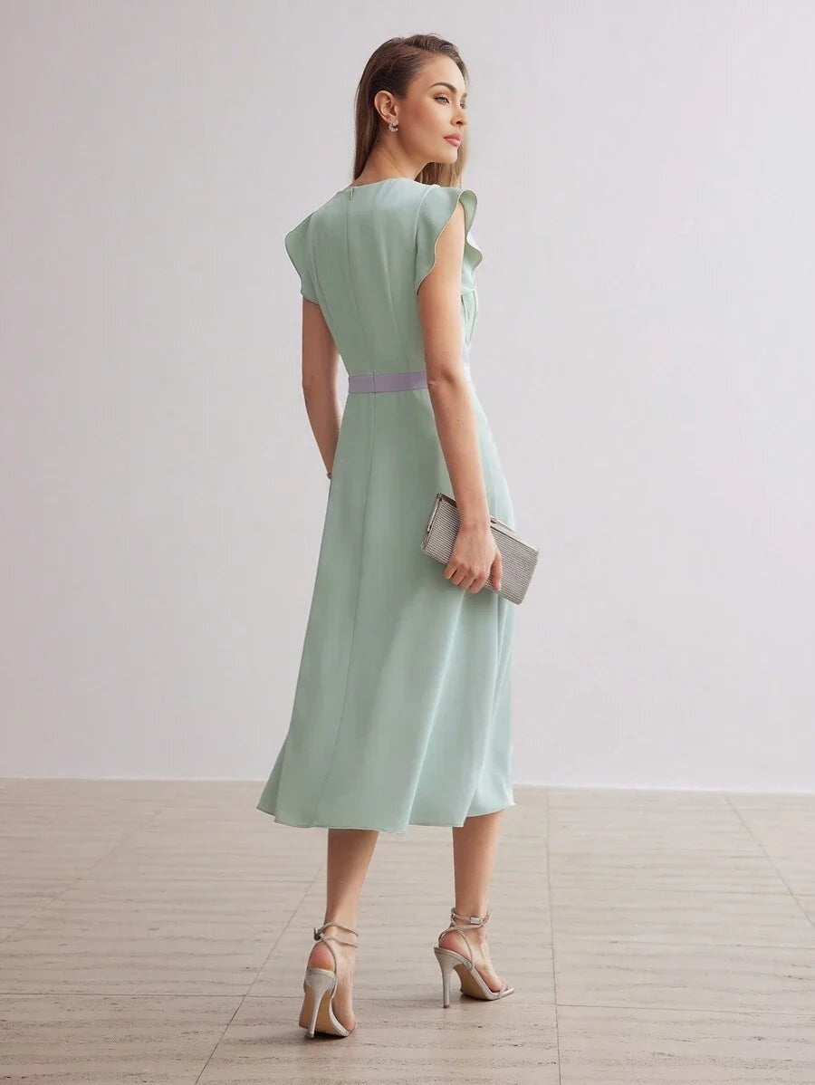 PREMIUM SOLID VNECK RUFFLE ARMHOLE FOLD PLEATED DRESSSUMMER OUTFITS