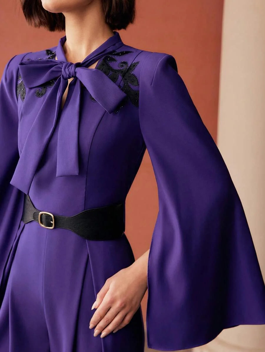 PREMIUM SPLIT SLEEVE TIE NECK JUMPSUIT