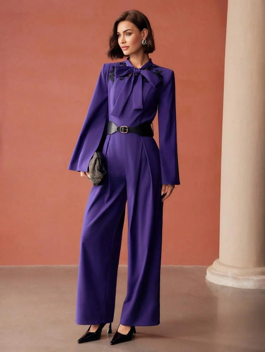 PREMIUM SPLIT SLEEVE TIE NECK JUMPSUIT