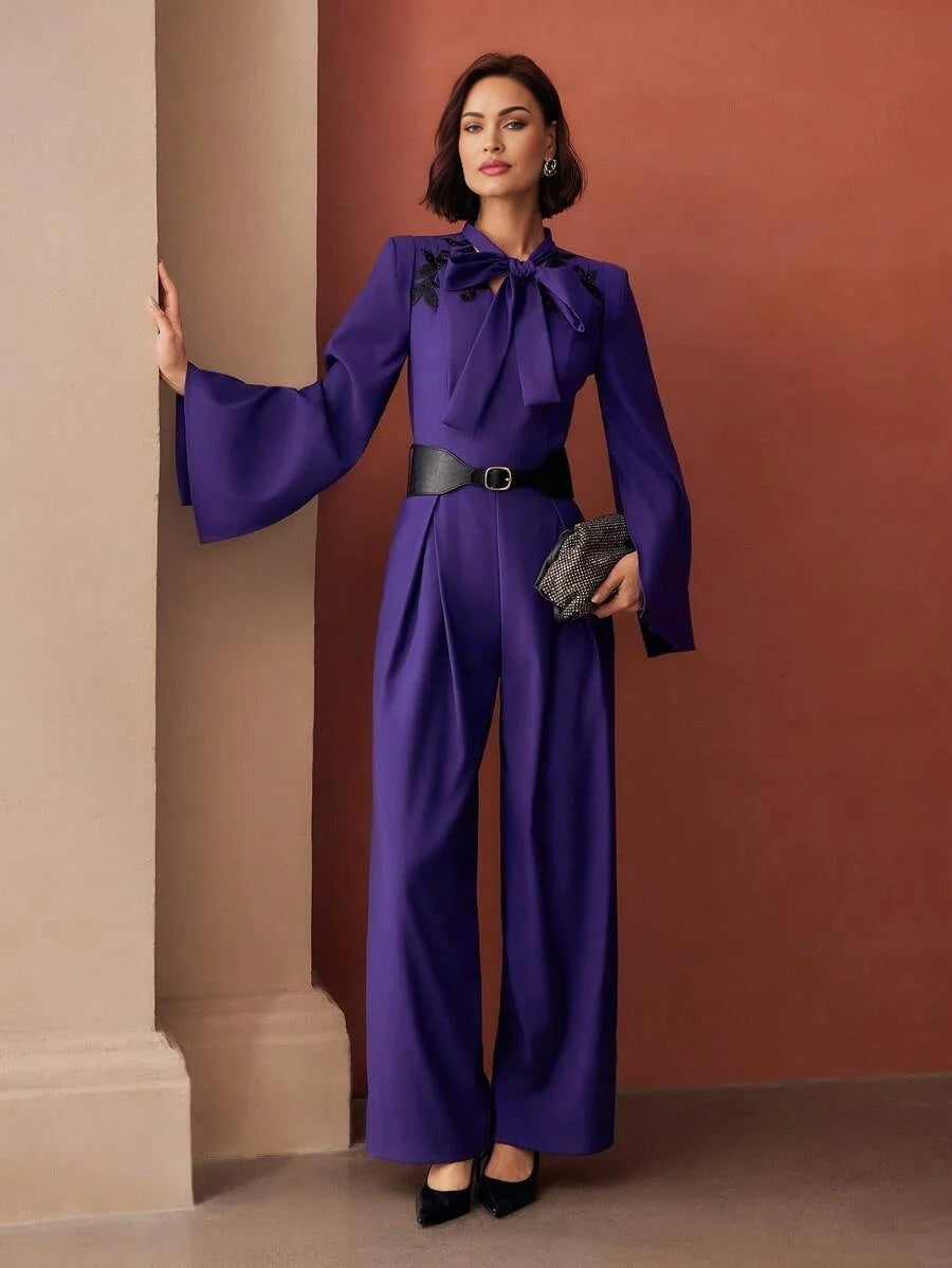 PREMIUM SPLIT SLEEVE TIE NECK JUMPSUIT