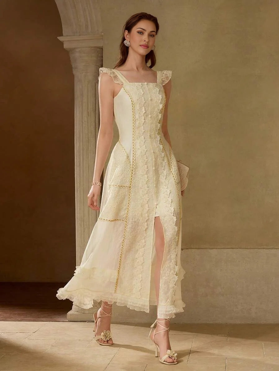 PREMIUM SPLIT THIGH RUFFLE TRIM DRESS