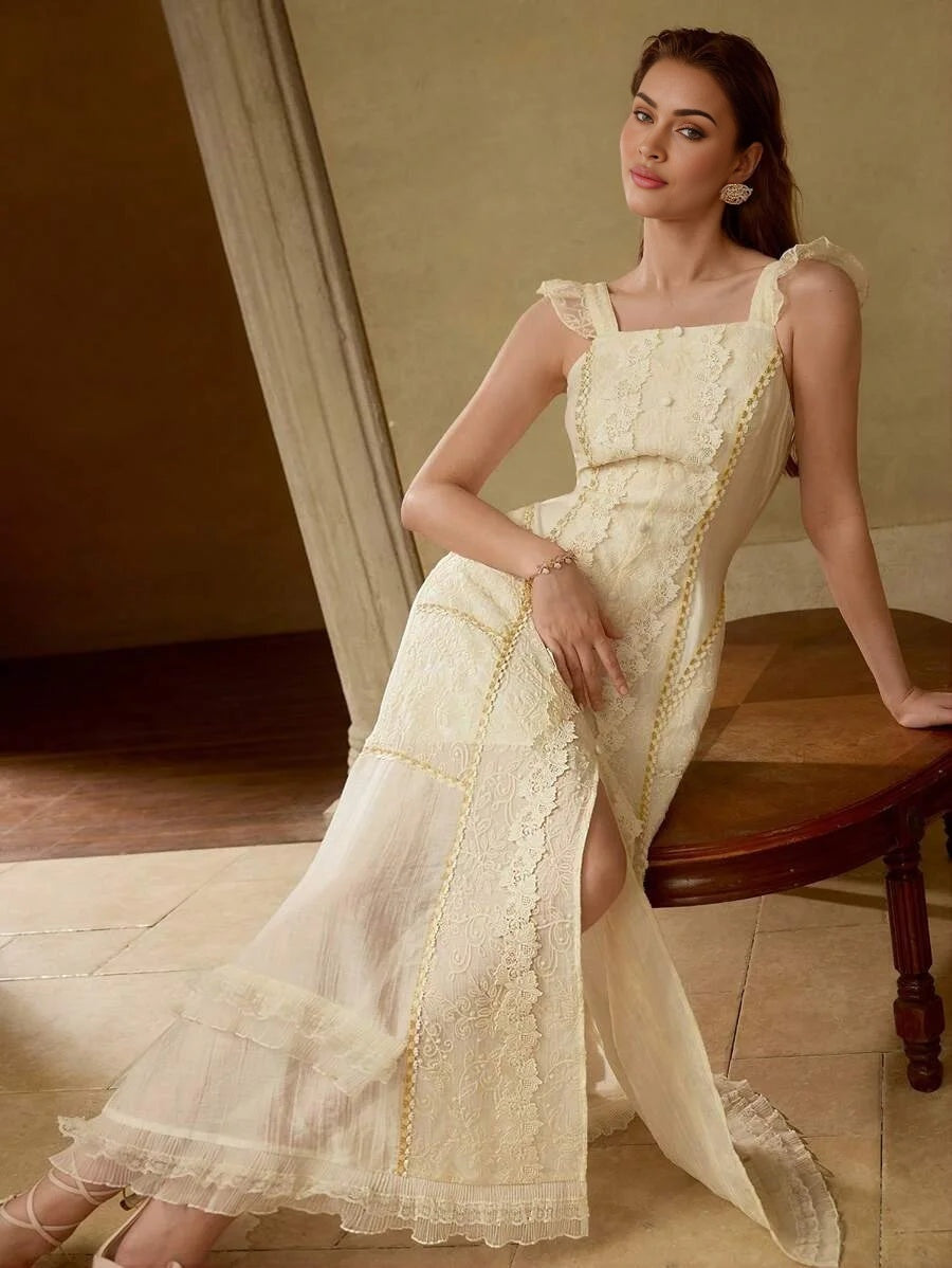 PREMIUM SPLIT THIGH RUFFLE TRIM DRESS