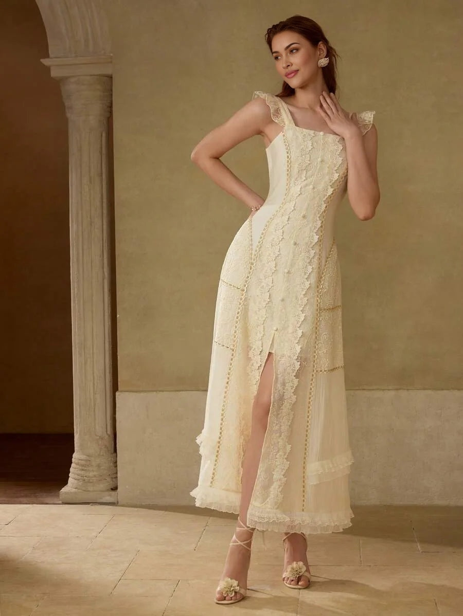 PREMIUM SPLIT THIGH RUFFLE TRIM DRESS