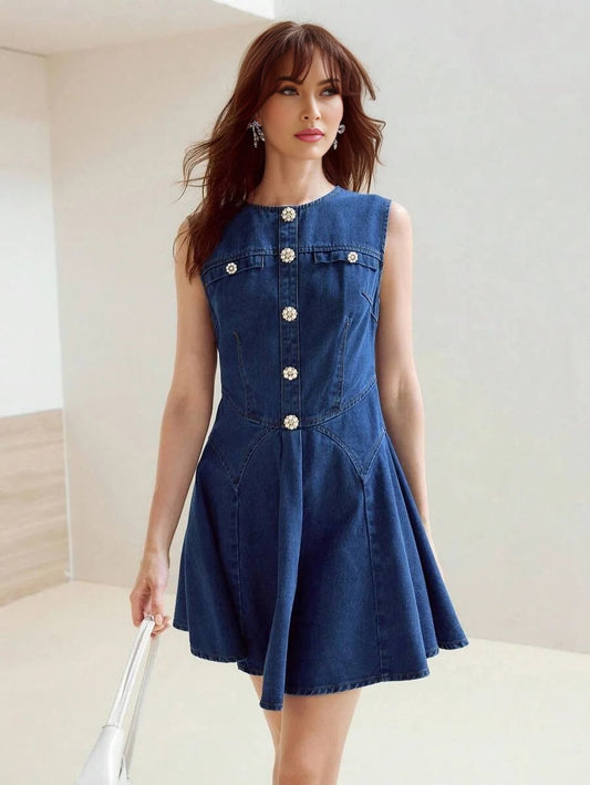 PREMIUM SPRINGSUMMER PEARL DECOR WAIST CINCHED DENIM SLEEVELESS DRESS FOR WOMEN