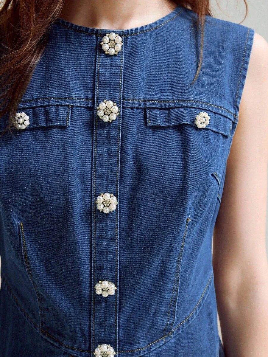 PREMIUM SPRINGSUMMER PEARL DECOR WAIST CINCHED DENIM SLEEVELESS DRESS FOR WOMEN