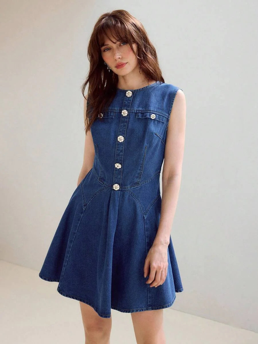 PREMIUM SPRINGSUMMER PEARL DECOR WAIST CINCHED DENIM SLEEVELESS DRESS FOR WOMEN