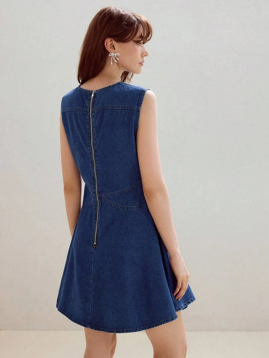 PREMIUM SPRINGSUMMER PEARL DECOR WAIST CINCHED DENIM SLEEVELESS DRESS FOR WOMEN