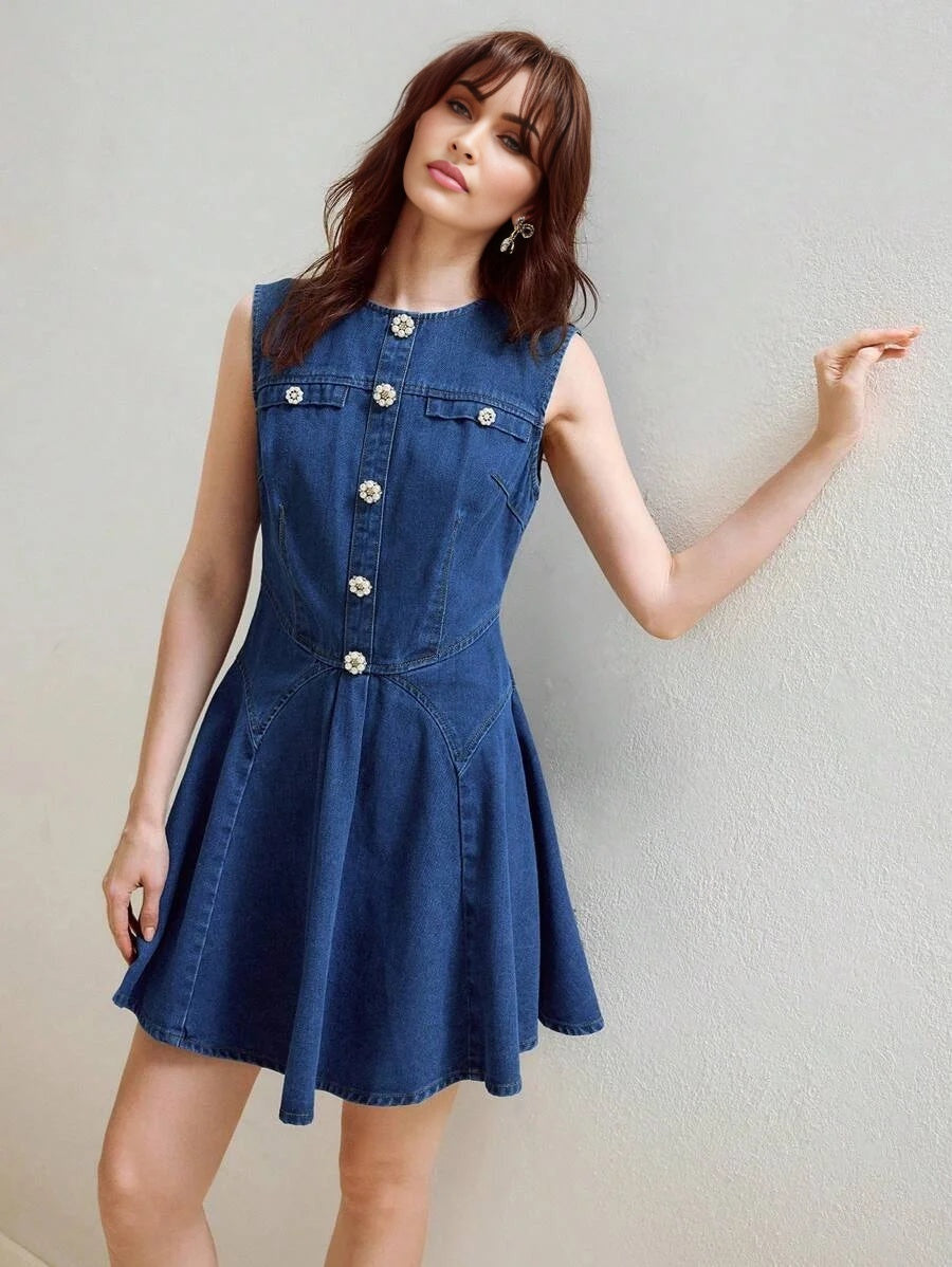 PREMIUM SPRINGSUMMER PEARL DECOR WAIST CINCHED DENIM SLEEVELESS DRESS FOR WOMEN