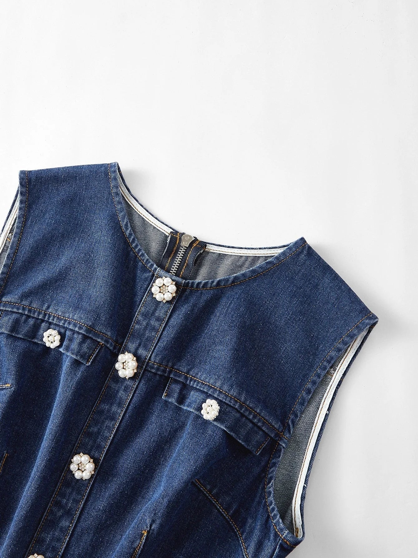 PREMIUM SPRINGSUMMER PEARL DECOR WAIST CINCHED DENIM SLEEVELESS DRESS FOR WOMEN