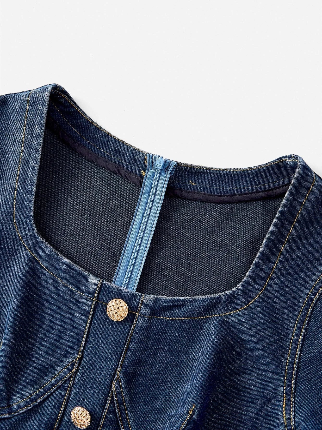 PREMIUM SQUARE NECK SPLIT HEM BUCKLE BELTED 2 IN 1 DENIM DRESS