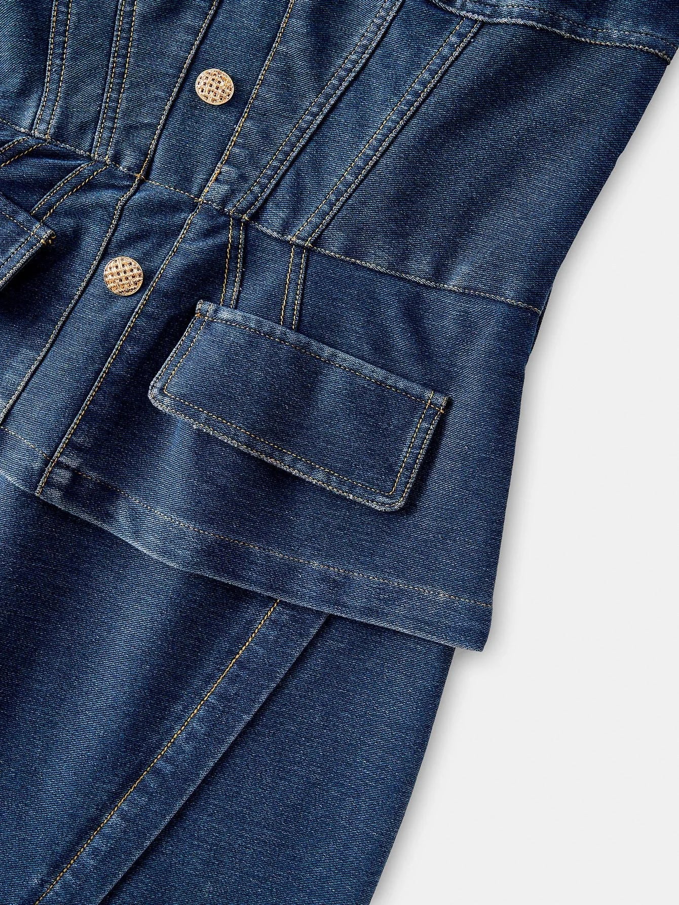 PREMIUM SQUARE NECK SPLIT HEM BUCKLE BELTED 2 IN 1 DENIM DRESS