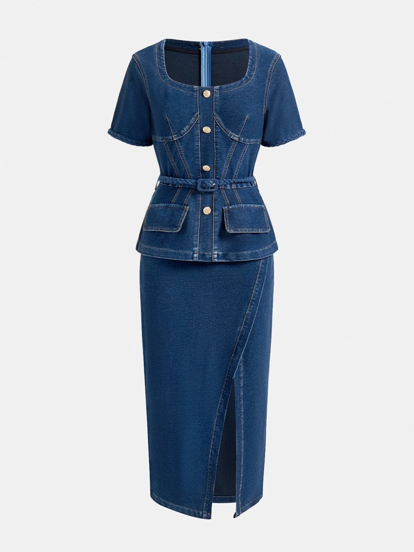 PREMIUM SQUARE NECK SPLIT HEM BUCKLE BELTED 2 IN 1 DENIM DRESS