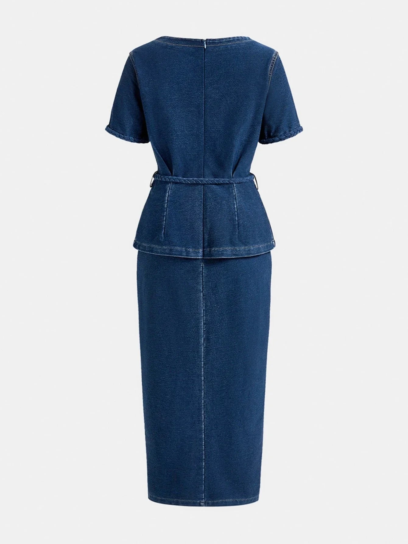 PREMIUM SQUARE NECK SPLIT HEM BUCKLE BELTED 2 IN 1 DENIM DRESS