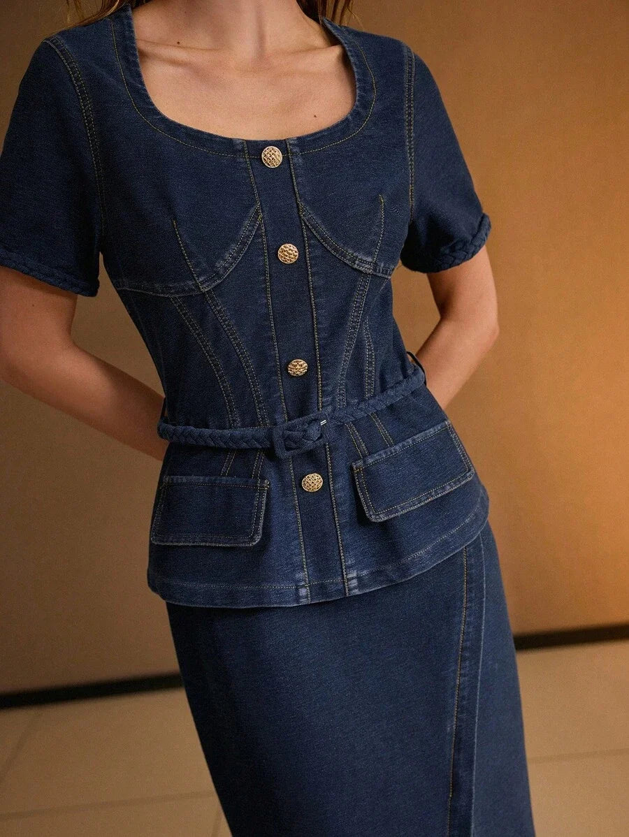 PREMIUM SQUARE NECK SPLIT HEM BUCKLE BELTED 2 IN 1 DENIM DRESS