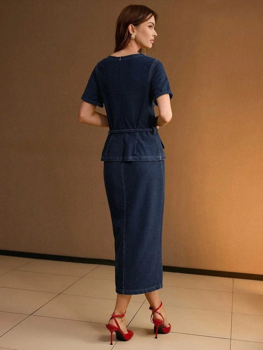 PREMIUM SQUARE NECK SPLIT HEM BUCKLE BELTED 2 IN 1 DENIM DRESS