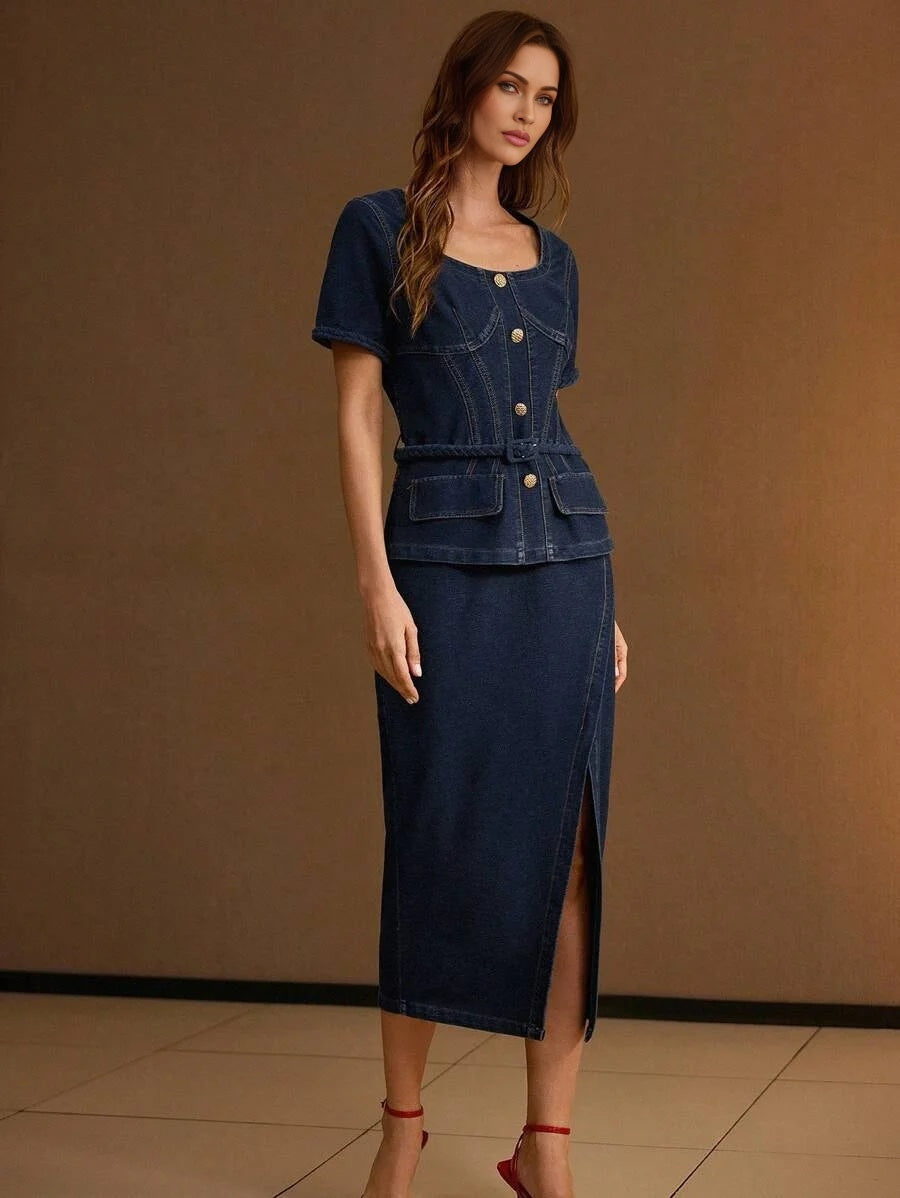 PREMIUM SQUARE NECK SPLIT HEM BUCKLE BELTED 2 IN 1 DENIM DRESS