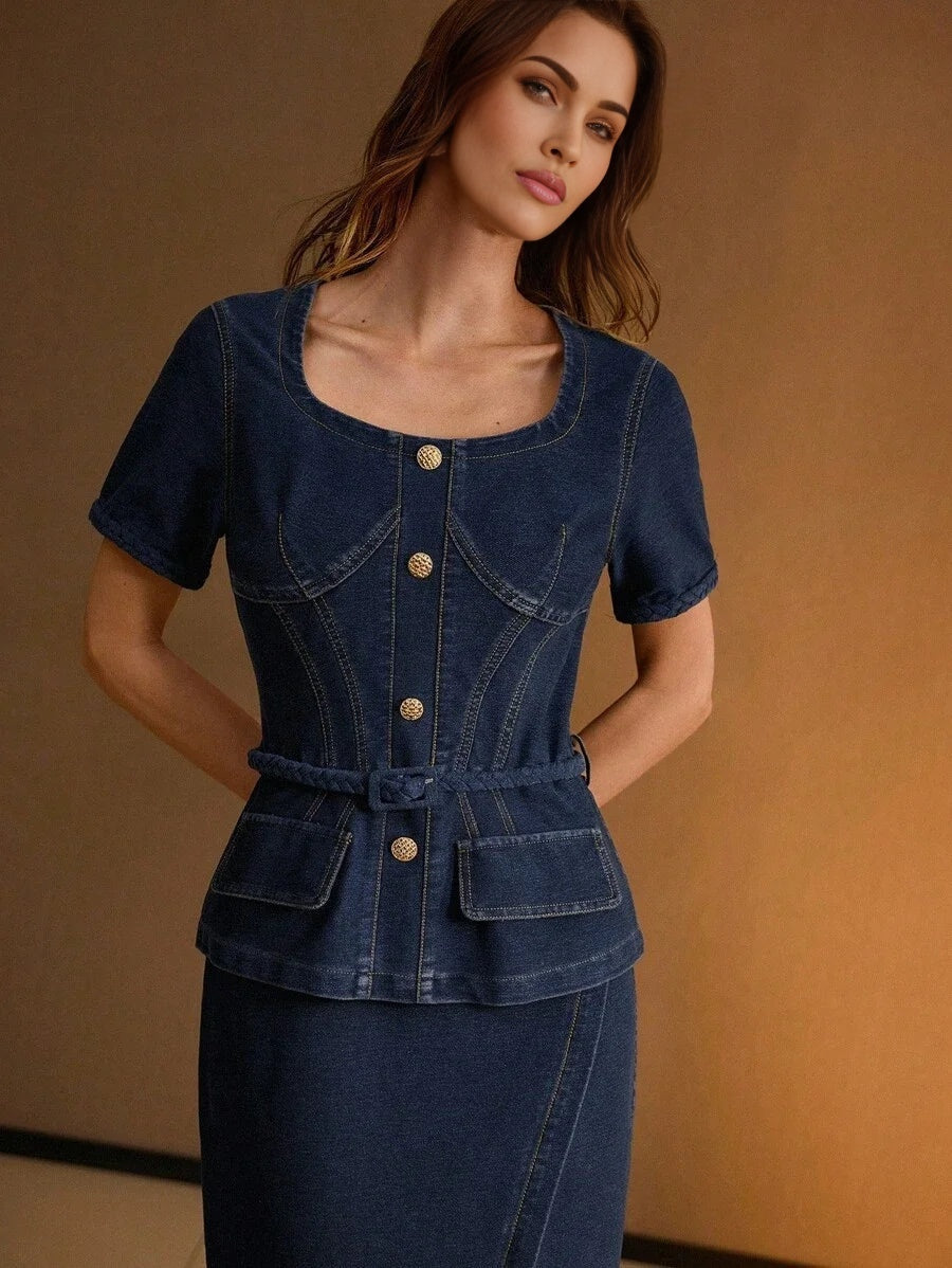 PREMIUM SQUARE NECK SPLIT HEM BUCKLE BELTED 2 IN 1 DENIM DRESS