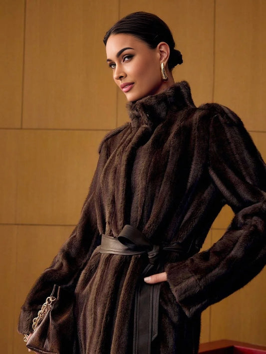 PREMIUM STAND COLLAR BELTED FAUX FUR COAT