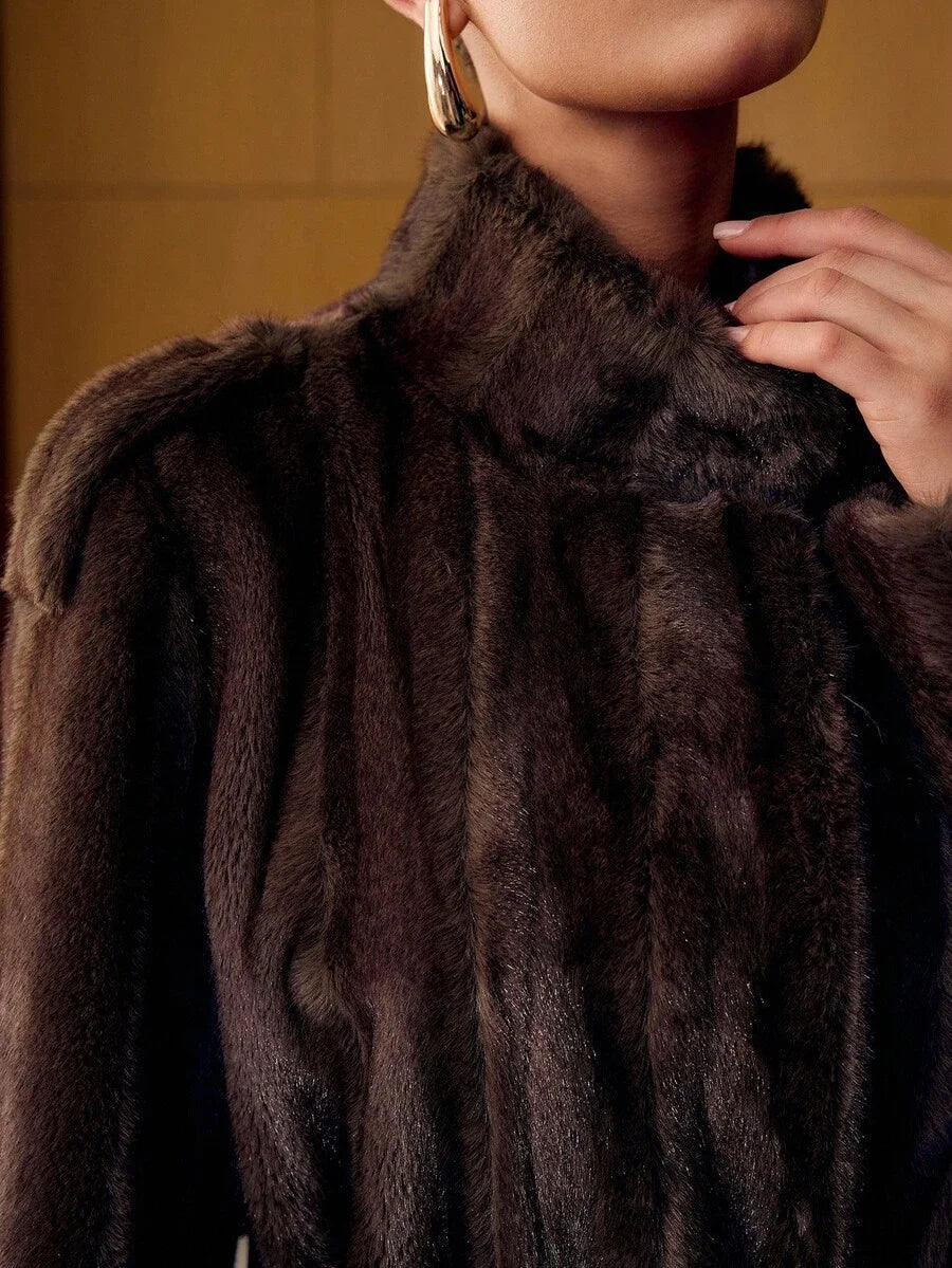 PREMIUM STAND COLLAR BELTED FAUX FUR COAT