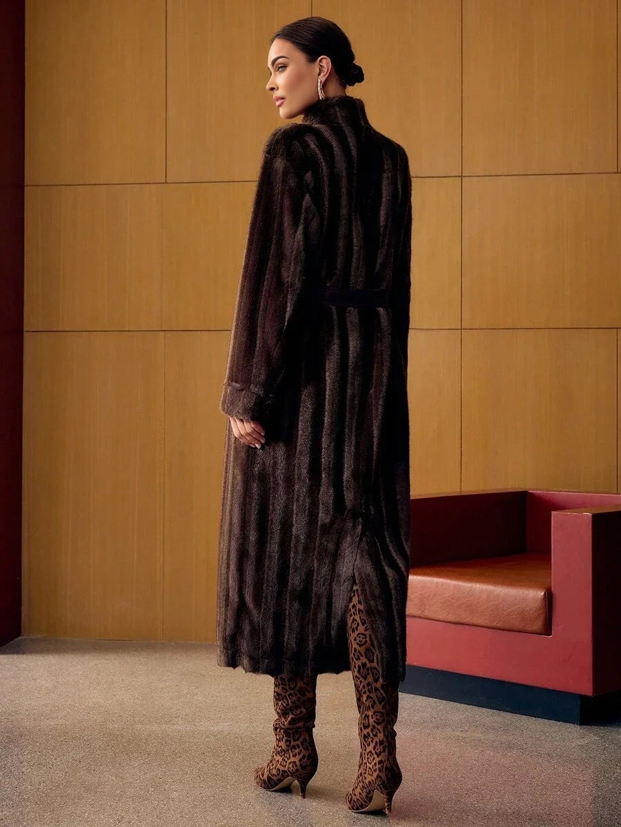 PREMIUM STAND COLLAR BELTED FAUX FUR COAT